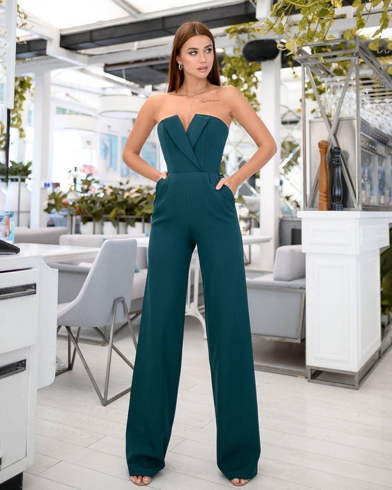 Emeral green Jumpsuit Womens, Green Jumpsuit Womens, Women Onepiece for  Wedding Reception, Birthday Outfit, Sleeveless Jumpsuit with Corset