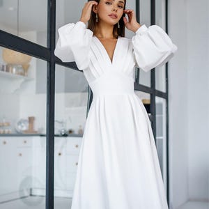White Midi Dress With Long Voluminous Sleeves, White Summer Modest Midi Dress, Modest Elopement Gown, Summer Civil Wedding Dress