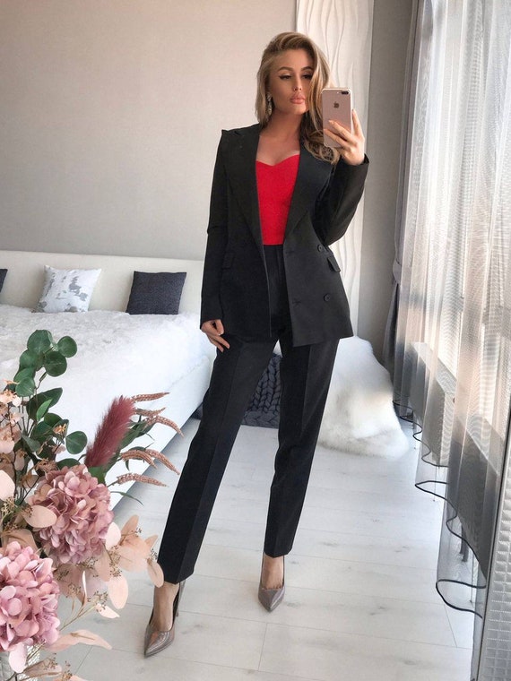 Black Womens Suit, Formal Pantsuit for Women, Black Formal Wear Womens,  Black Blazer and Pants, Double Breasted Blazer Set 