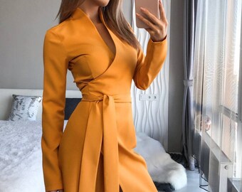 Wrap Midi Dress, Yellow Wrap dress for Women, V-neck dress with belt and long sleeves, Long sleeve Wrap dress, Spring Dresses for women