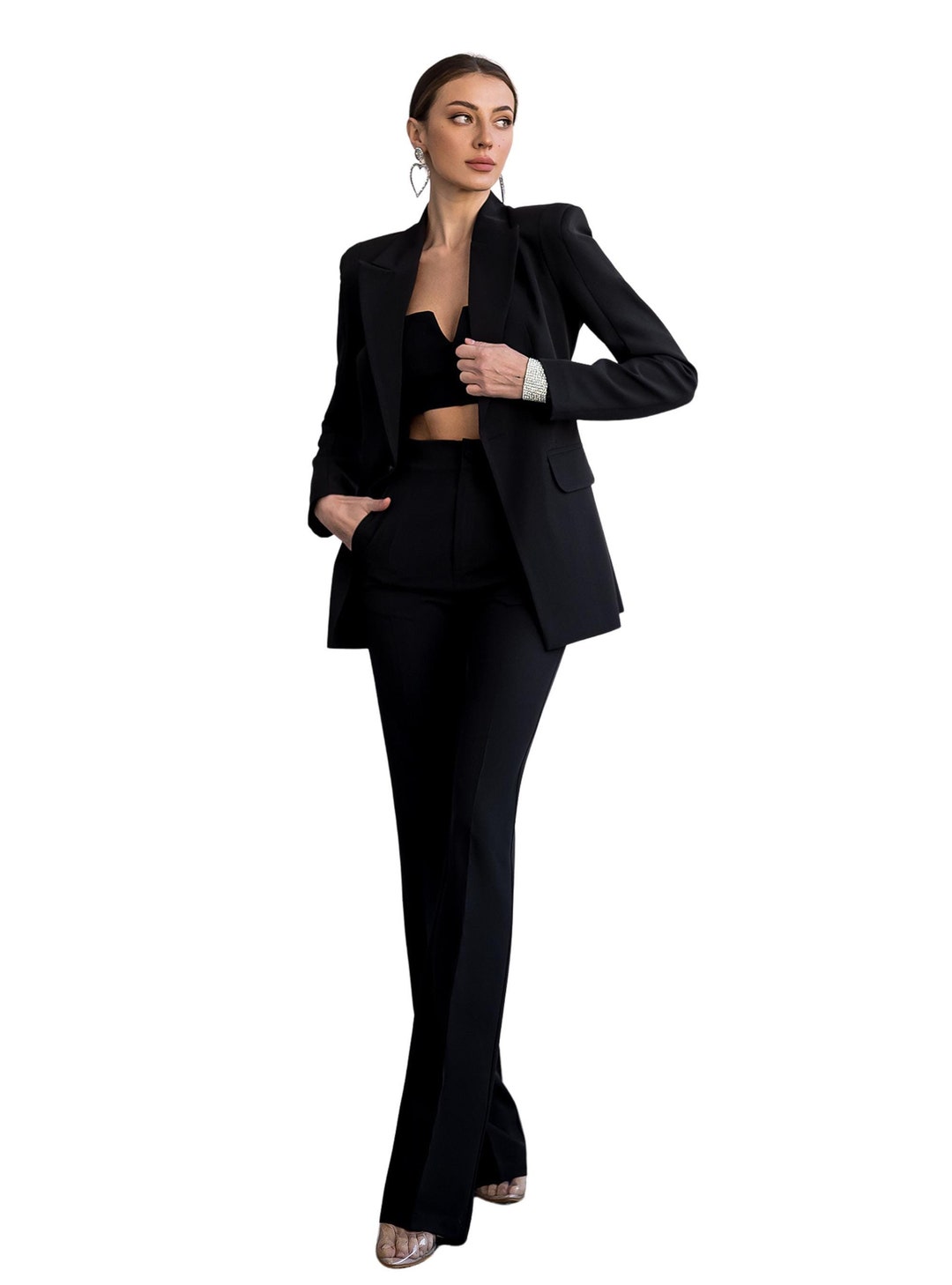 Black Formal Pants Suit With Single Breasted Blazer and Straight