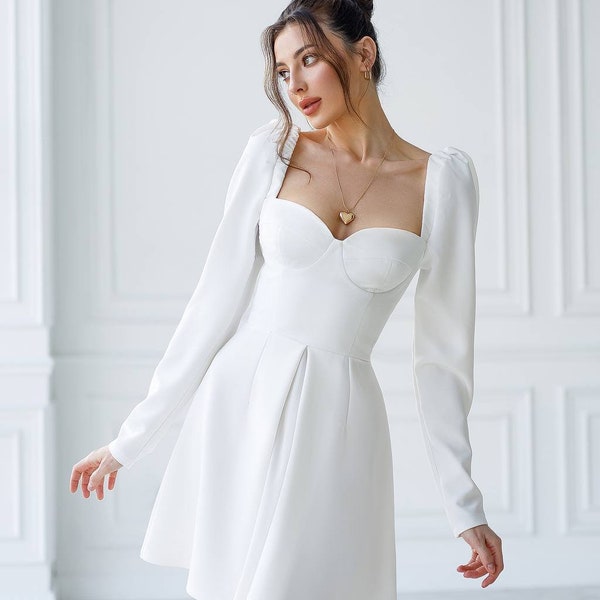 Elopement Mini dress, Mini dress with Long sleeves and Sweetheart Neckline, Bustier  Dress for Special Occasions, White Bridal Mini dress