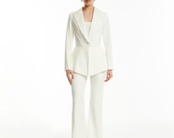 White Bridal Pantsuit: Tailored Blazer, Flared Trousers - Modern Wedding