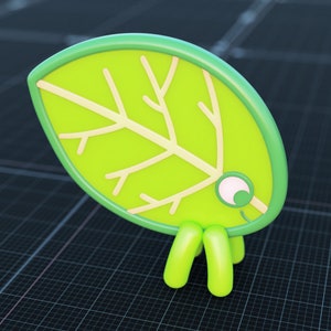 Op de afbeelding: Een groen 3D-cartoonblad met een wit adernetwerk en een enkel wit oog. Het blad staat op twee groene benen.