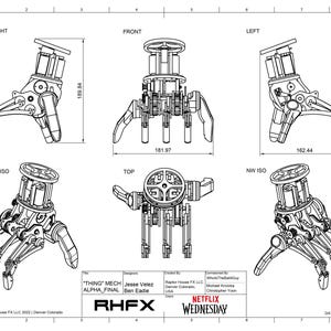 May include: A technical drawing of a mechanical claw, labeled "Thing Mech Alpha Final" and "RHFX". The drawing shows the claw from multiple angles, including front, right, left, top, and isometric views. The drawing includes measurements in inches.