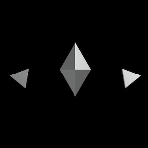 May include: Three gray geometric shapes, two triangles and one diamond, on a black background.