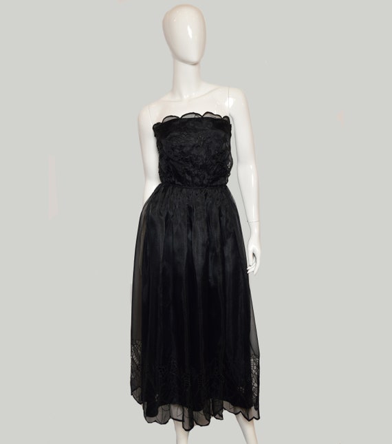 1970's black organza strapless dress