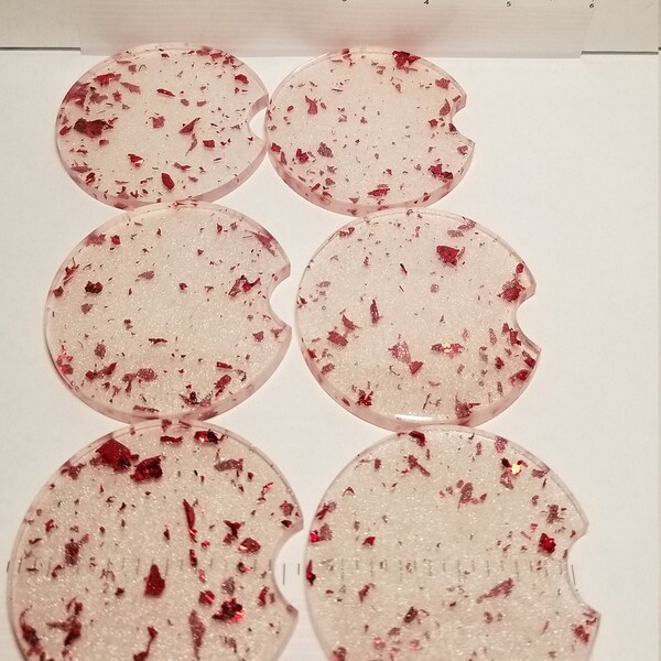 Resin Car Coasters Pink shimmer with Red flakes Set of 2