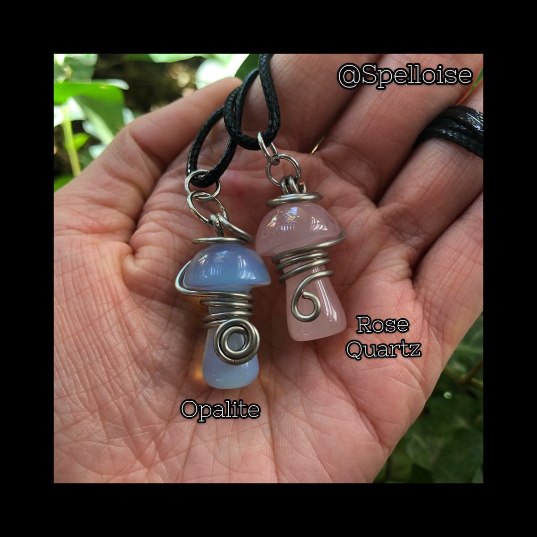 Crystal Mushroom Necklaces, Opalite, Rose Quartz, Wire Wrapped Crystals