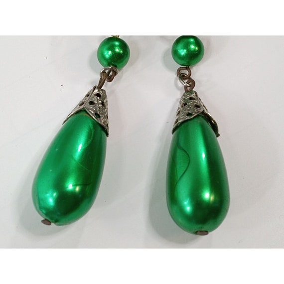 Vintage Christmas Earrings 1960's Green Drop Dang… - image 4