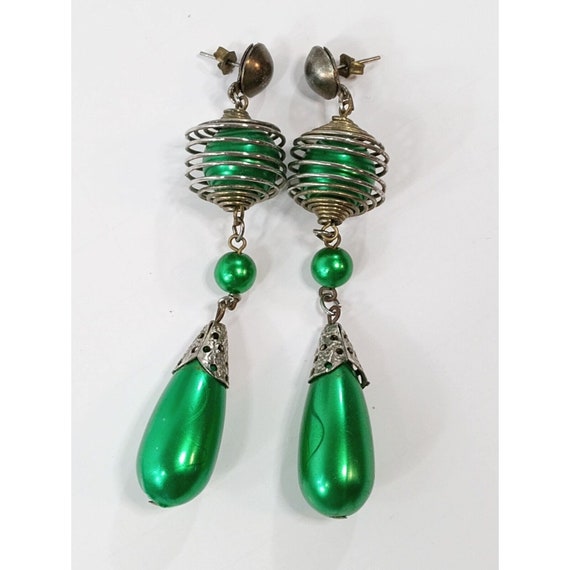 Vintage Christmas Earrings 1960's Green Drop Dang… - image 1