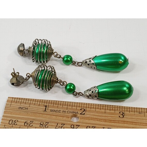 Vintage Christmas Earrings 1960's Green Drop Dang… - image 2