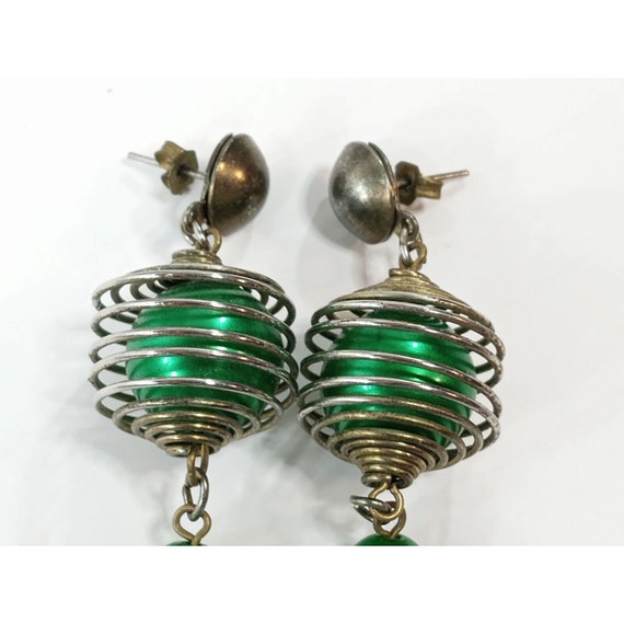 Vintage Christmas Earrings 1960's Green Drop Dang… - image 3