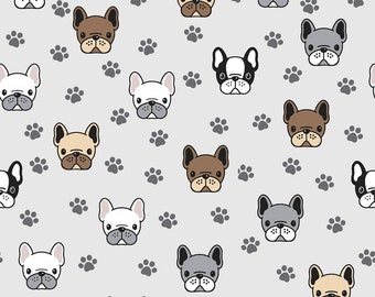 Dogs Heads and Paw Prints on Light Grey Background, Cotton Jersey - Sold by the Half Meter