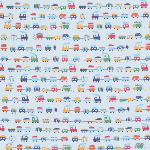 Trains and Carriages 4 Way Stretch Cotton Jersey Fabric - On Baby Blue Background Dressmaking Quilting Crafting Material - Sold by the 1/2M