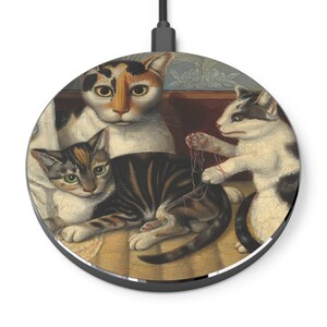 Cat Wireless Charger for iPhone 14 13 Android Samsung Galaxy Phones, Vintage Aesthetic Art Gift for Her Kittens Pet Owner Animals Artistic