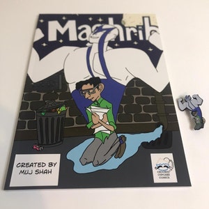 Puede incluir: Una portada de cómic con el título "Mashrib" y una ilustración de dibujos animados de un hombre leyendo papeles en un charco. Un pin a juego está a la derecha. La portada está firmada "Created by Muj Shah" y la editorial es "Crooked Cupcake Comics."