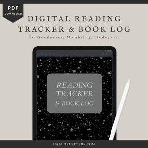 Digital reading habit tracker & book log in dark mode for Goodnotes, Notability, Noteshelf, Xodo, etc on ipad or tablet.