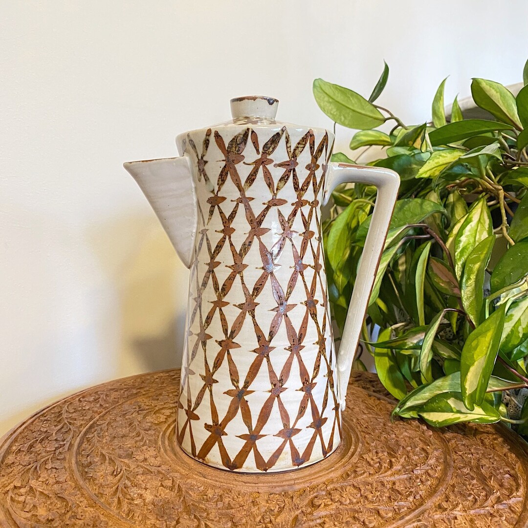Vintage MCM Stoneware Coffee Pot Light Gray Glaze W/brown Design Etsy