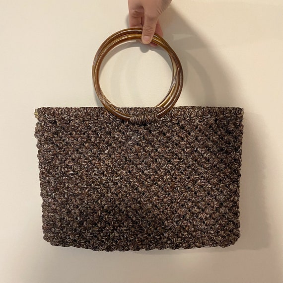 Vintage Woven/Crochet/Macrame Purse w/Plastic Hoo… - image 1