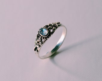 Rainbow Moonstone Sterling Silver Ring | Silver Flower Ring | Rhi