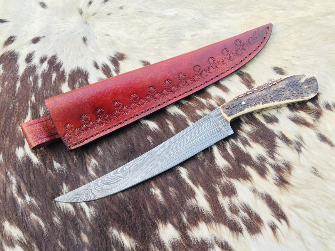 Custom Made Damascus Steel Fillet Knife With Natural Deer Stag Etsy
