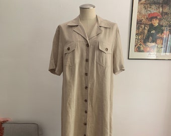 Vintage Linen and Rayon Blend Dress | Beige Dress | 90s Dress | Short Sleeve Long Maxi Dress |Button Down Canvas Dress |Basic Everyday Dress