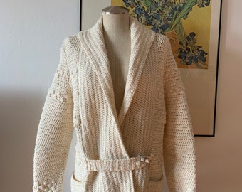 Chunky Handmade Cable Knit Sweater | Cream Knit Sweater | Handmade Clothing | Collared Knit Sweater | Shawl Collar Ribbed Cardigan | M/L