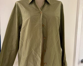 Josephine Chaus Silk Top | Silk Clothing | Silk Blouse| Green Blouse | Elegant Blouse | Silk Check Blouse | Check Blouse | 90s Silk
