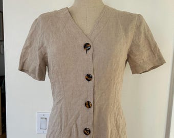 Vintage Linen & Rayon Blend Dress | Safari Style Dress | Shirt Dress | Linen Shirtdress | Beige Dress | Sport Dress | Vintage Dresses | 90s