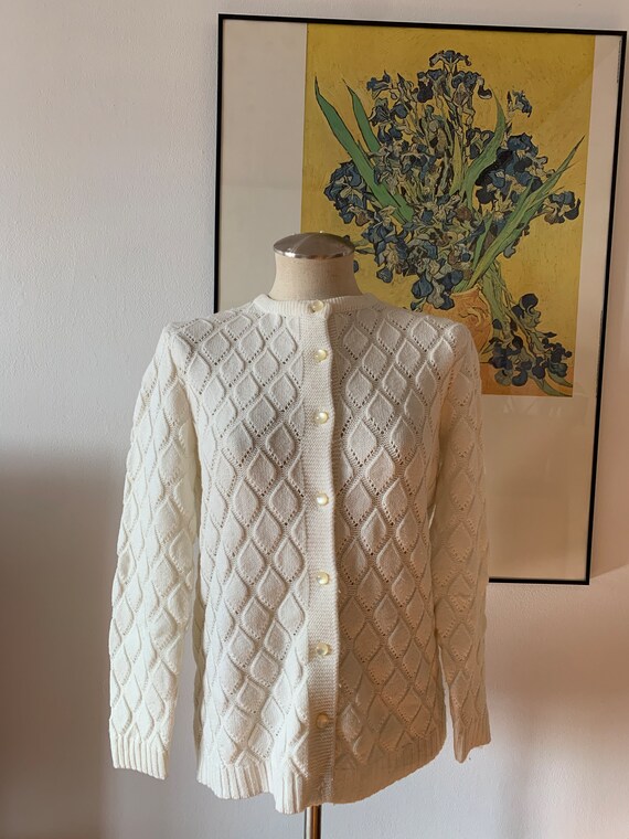 Vintage 60s Sherry Gale White Cardigan | Quilted … - image 2