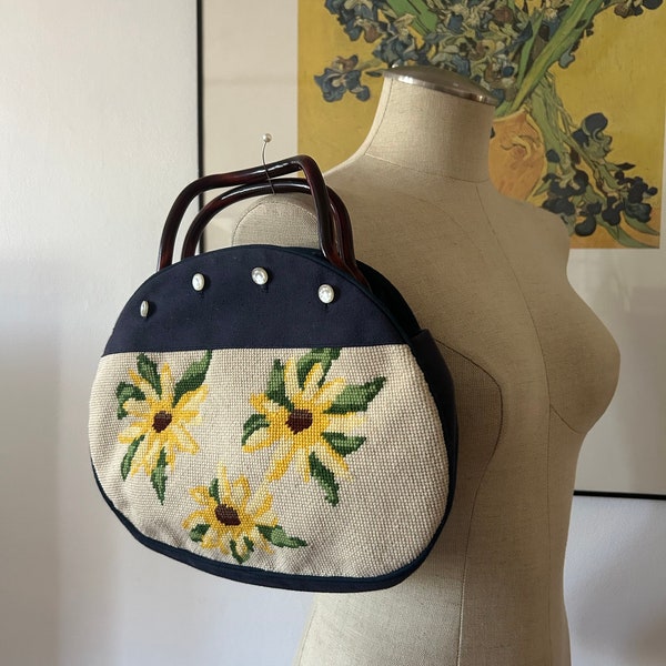 Vintage Handbag | Floral Handbag | Embroiders Purse | Stitched Floral Bag | Canvas Bag | 90s Handbag | Fabric Purse | Navy Blue Purse | 90s