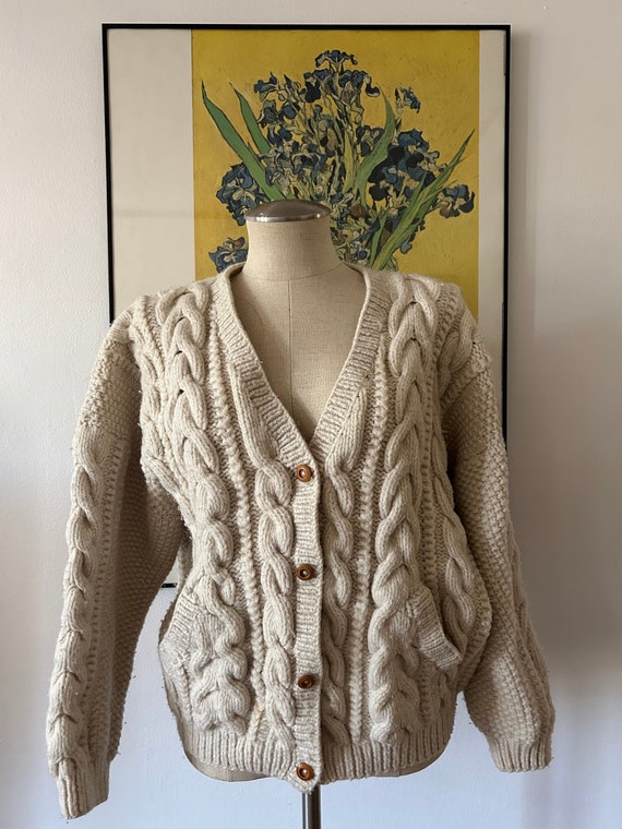 Vintage Hand Knit Wool Cardigan | Chunky Beige Kni