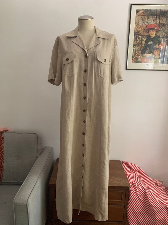 Vintage Linen and Rayon Blend Dress | Beige Dress 