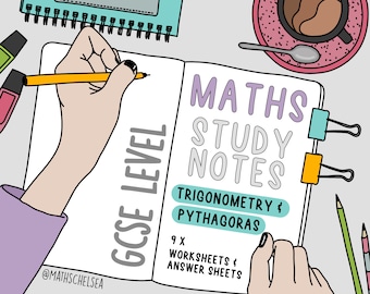 May include: A hand writes in a notebook with the words "MATHS STUDY NOTES" on the cover. The notebook has a blue and orange paperclip on the side. The text below the title says "TRIGONOMETRY & PYTHAGORAS" and "9 X WORKSHEETS & ANSWER SHEETS". The text at the bottom of the page says "@MATHSCHELSEA".