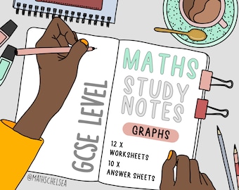 Peut inclure: Un cahier illustré avec le texte "MATHS STUDY NOTES" et "GCSE LEVEL". Le cahier comprend le mot "GRAPHS" et liste 12 feuilles d'exercices et 10 feuilles de réponses. Une main écrit avec un crayon.