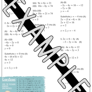 Peut inclure: Une feuille de travail avec des probl&egrave;mes de math&eacute;matiques impliquant des syst&egrave;mes d'&eacute;quations. Les probl&egrave;mes sont pr&eacute;sent&eacute;s &eacute;tape par &eacute;tape, chaque &eacute;tape &eacute;tant expliqu&eacute;e en d&eacute;tail. La feuille de travail est con&ccedil;ue pour aider les &eacute;l&egrave;ves &agrave; apprendre &agrave; r&eacute;soudre des syst&egrave;mes d'&eacute;quations en utilisant diverses m&eacute;thodes, telles que la substitution et l'&eacute;limination.