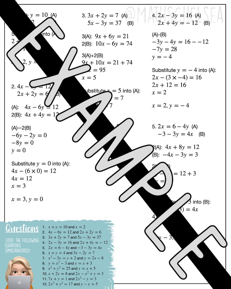 Peut inclure: Une feuille de travail avec des probl&egrave;mes de math&eacute;matiques impliquant des syst&egrave;mes d'&eacute;quations. Les probl&egrave;mes sont pr&eacute;sent&eacute;s &eacute;tape par &eacute;tape, chaque &eacute;tape &eacute;tant expliqu&eacute;e en d&eacute;tail. La feuille de travail est con&ccedil;ue pour aider les &eacute;l&egrave;ves &agrave; apprendre &agrave; r&eacute;soudre des syst&egrave;mes d'&eacute;quations en utilisant diverses m&eacute;thodes, telles que la substitution et l'&eacute;limination.