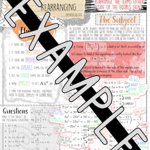 Peut inclure: Une feuille de travail color&eacute;e avec des instructions sur la fa&ccedil;on de r&eacute;organiser les termes d'une &eacute;quation pour r&eacute;soudre une variable. La feuille de travail comprend des exemples et des exercices pratiques. Le texte sur la feuille de travail comprend les mots "Sujet", "Autre", "Simplifier" et "Racine carr&eacute;e".
