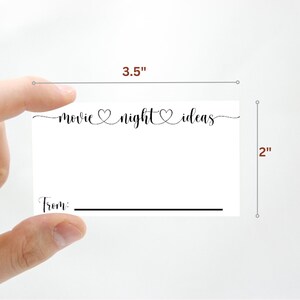 Ideas para noches de cine / Impreso y listo para enviar / Tamaño de tarjeta 3,5 x 2 / Tamaño personalizado disponible / Paquete de 60