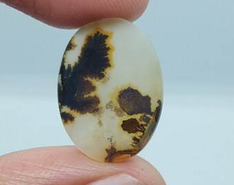 May include: Oval shaped agate cabochon with brown and white dendritic patterns. The stone is translucent and has a smooth, polished surface.