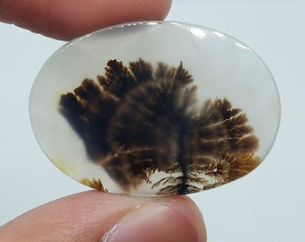 May include: A white agate cabochon with a dendritic pattern in shades of brown and black. The agate is translucent and has a smooth, polished surface.