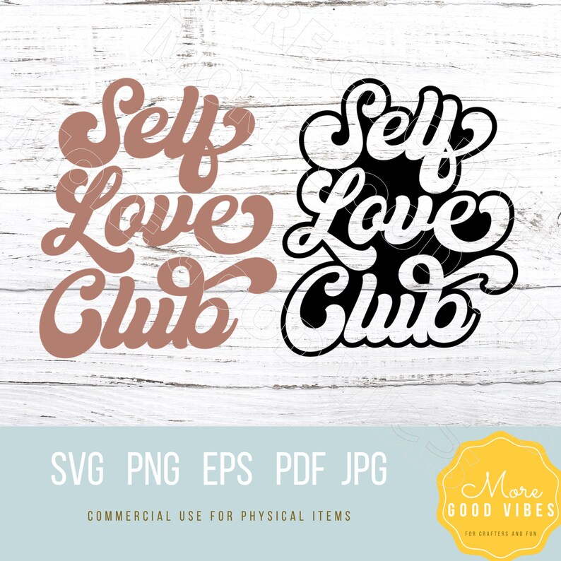 Puede incluir: Dos versiones de un logotipo de club de amor propio. Uno es de color marr&oacute;n melocot&oacute;n y el otro es negro. Ambos logotipos presentan el texto "Self Love Club" en una fuente retro cursiva.