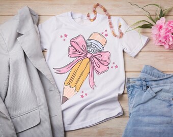 Coquette Pencil Bow Teacher Graphic Tee, Teaching Tshirts, Bundle Deals, Paraprofessional Custom Shirt, Customized School T-Shirt, Soft Era