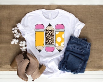 Pencil Leopard Tees, T-Shirt Bundle Deal, Principal Graphic Tee, Para Grade Shirt, Teacher Gift, Custom Grade Shirt, Polka Dot Pencil Teache
