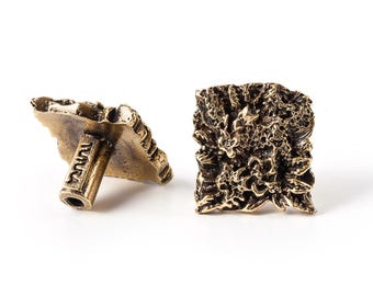 Solid Brass Square Cabinet Knob Miniature Floral Composition Handmade Furniture Hardware Rustic Botanical Decor.