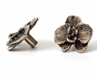 German Silver Orchid Cabinet Knob Floral Drawer Pull Botanical Furniture Hardware Elegant Decor.