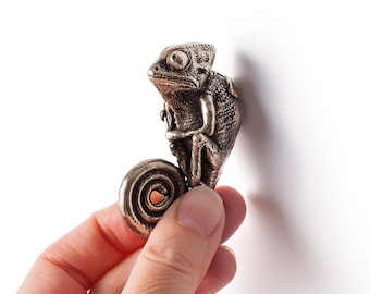German Silver Chameleon Cabinet Knob, Lizard Drawer Pull, Animal Furniture Handle, Reptile Decor Hardware.