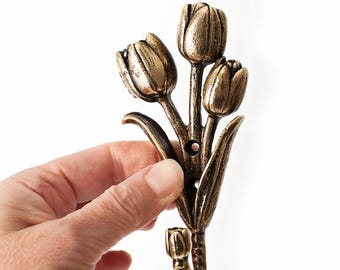 Brass Three Tulips Wall Hook Floral Coat Hook Botanical Entryway Decor Rustic Home Organizer.