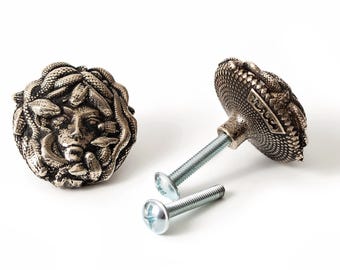 German Silver Medusa Cabinet Knob Mythology Drawer Pull Gothic Furniture Hardware Handmade Decor Unique.